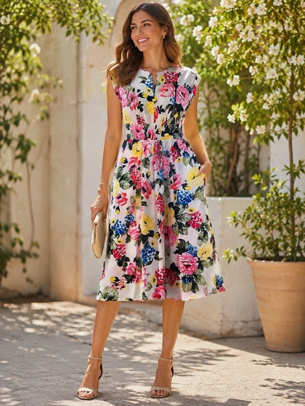 Calvin Klein White Midi Dress with Pink, Yellow & Blue Floral Print